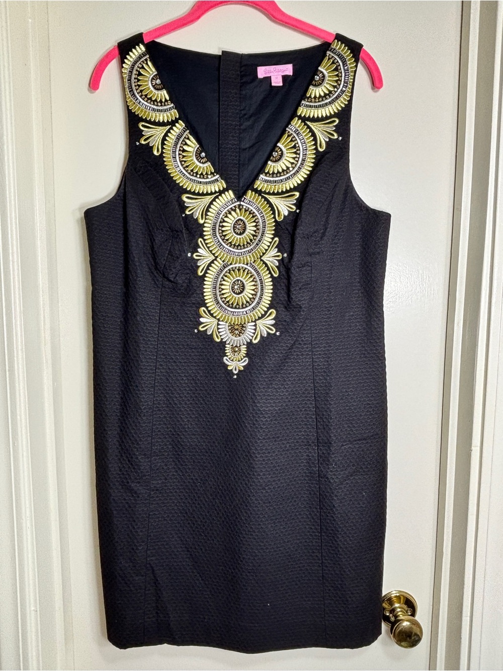 Lilly Pulitzer Black Mini Dress with Gold Embroidered and Beaded V-Neck